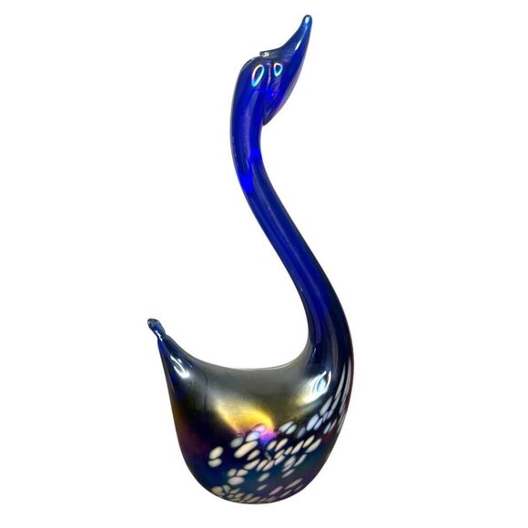 Vintage Iridescent Cobalt Blue Glass Swans Art Hand Blown Glass Set of 2 - Picture 4 of 7
